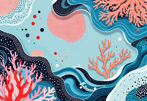 A blue ocean with white waves, pink and red coral, and scattered white and red dots. Vector patterns, random pattern