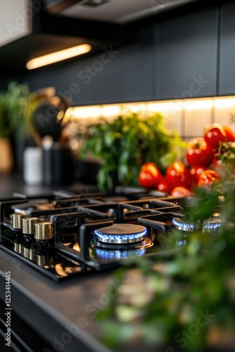 Modern kitchen gas stove with fresh vegetables. Interior shot. Potential use for home decor or appliance display photo