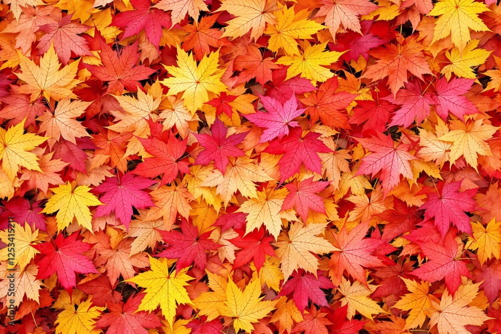 Autumn maple leaves in vibrant shades of red, orange, and yellow covering the ground. Autumn maple leaves in vibrant shades of red, orange, and yellow covering the ground.