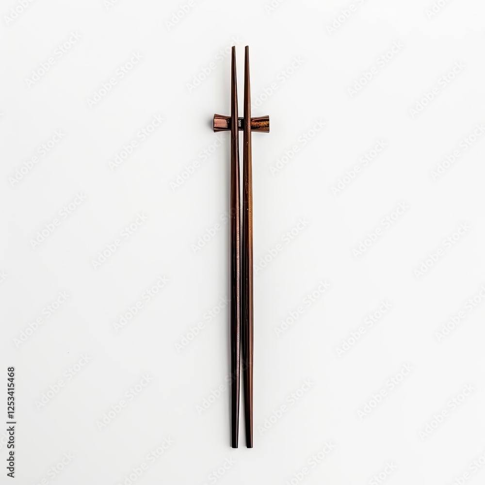 A pair of wooden chopsticks resting isolated on white background for dining purposes. A pair of wooden chopsticks resting isolated on white background for dining purposes.