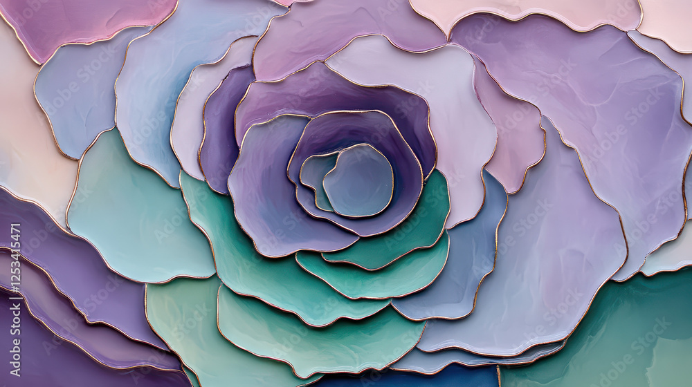 Fototapeta premium abstract painting of a layered flower in shades of pink, purple, blue, and green. 