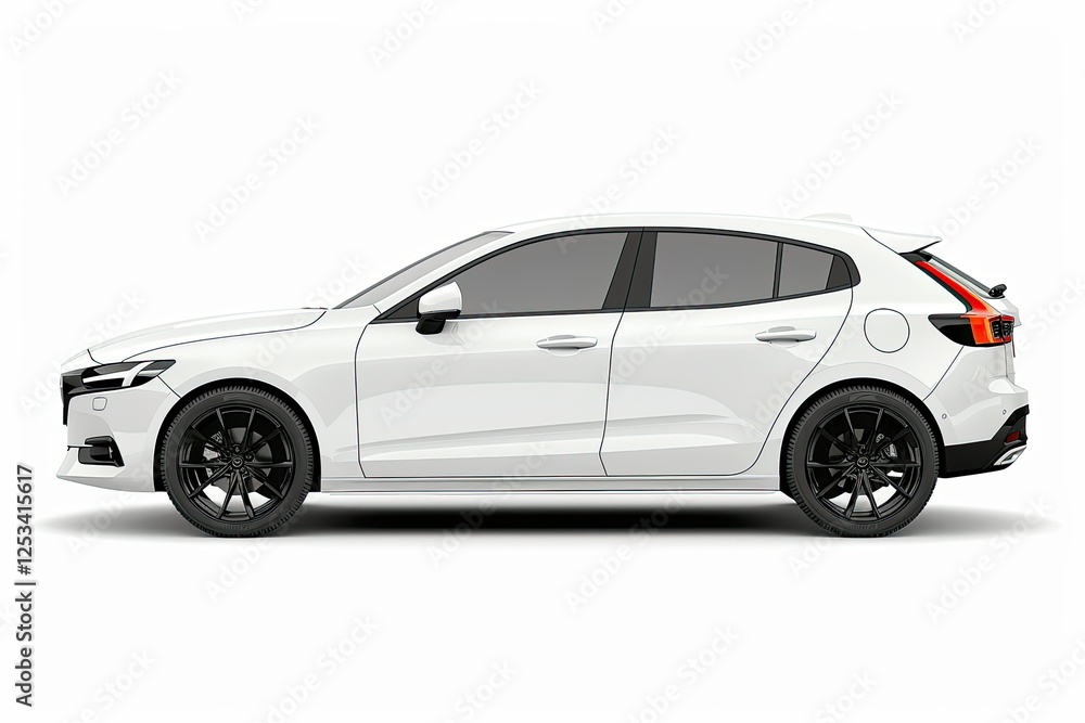 A sleek white hatchback car with black wheels, showcasing modern automotive design. isolated on white background A sleek white hatchback car with black wheels, showcasing modern automotive design. isolated on white background