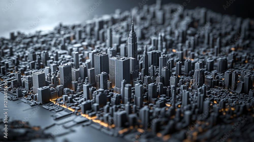 Obraz premium Modern Cityscape Architectural Model Detailed Design Steel Structure Urban Skyline 3D Grey Dark 