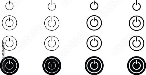 Power button icons in various styles. Power switch symbol.