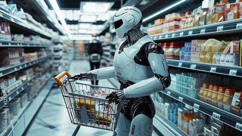 A high-tech humanoid robot pushing a shopping cart in a sleek, modern supermarket aisle