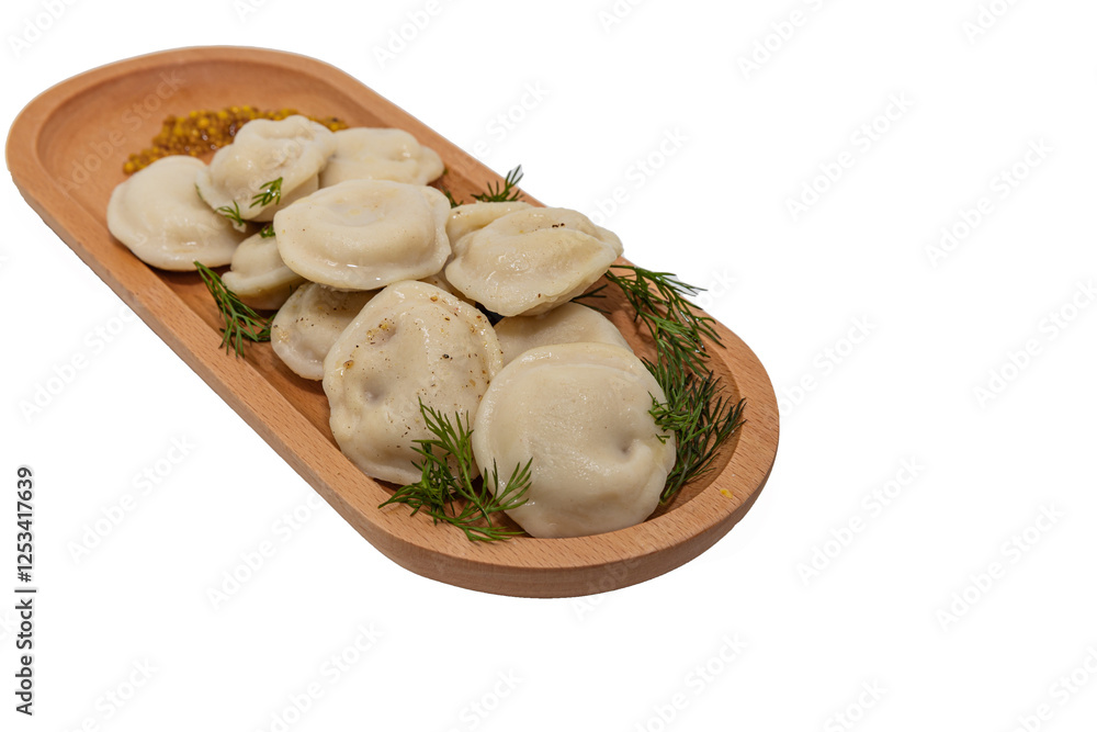 Dumplings with Dill and Mustard on a Wooden Plate, White Background Dumplings with Dill and Mustard on a Wooden Plate, White Background