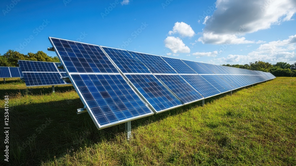Solar panels gleam under a bright sky, showcasing renewable energy technology in a lush green field. Solar panels gleam under a bright sky, showcasing renewable energy technology in a lush green field.