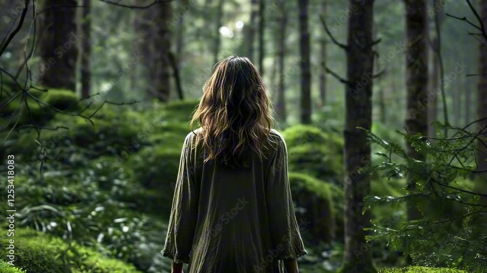 Woman exploring a lush forest with vibrant greenery on a serene day Woman exploring a lush forest with vibrant greenery on a serene day