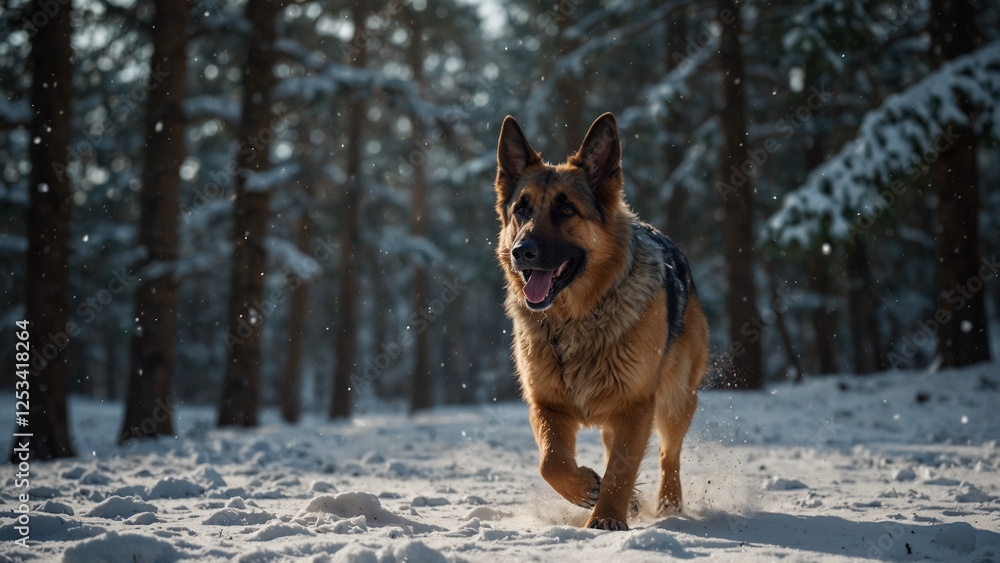 German Shepherd dog running joyfully through the snowy forest
German Shepherd dog running joyfully through the snowy forest