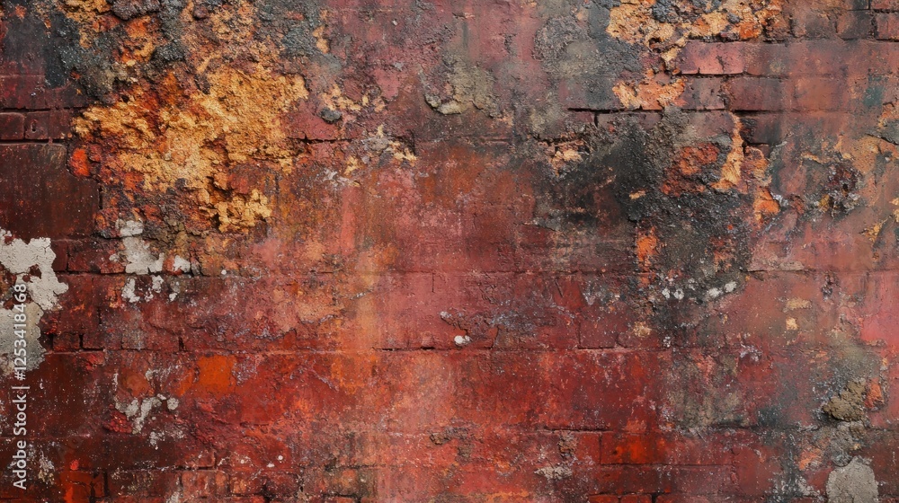 A textured wall with peeling paint in shades of red, orange, and black. A textured wall with peeling paint in shades of red, orange, and black.