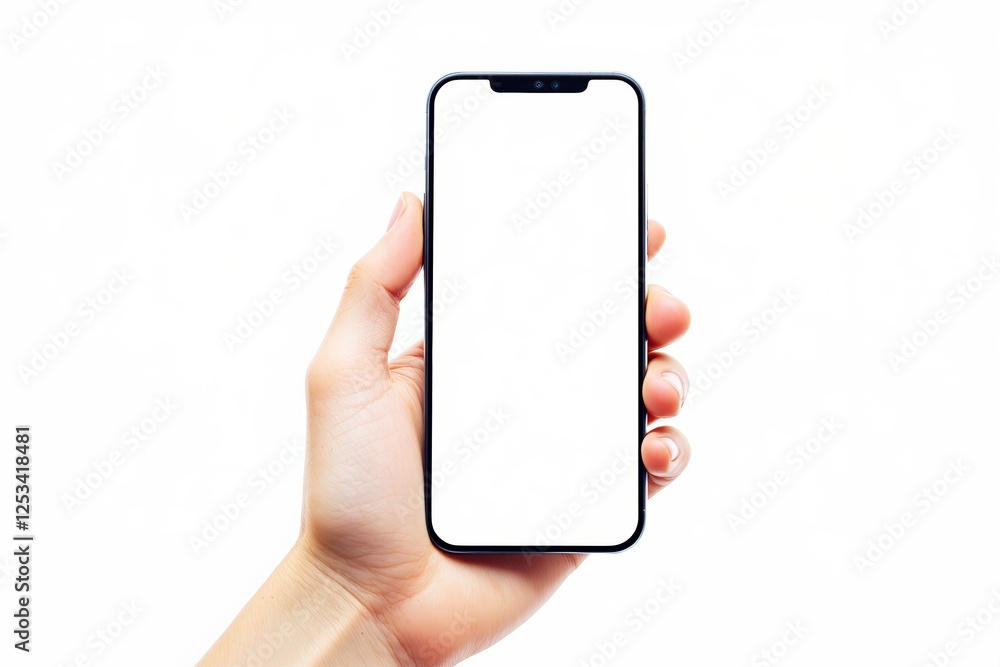 Closeup of a hand holding a smartphone with a blank white screen on an isolated bright background. Template for branding or presentation. Closeup of a hand holding a smartphone with a blank white screen on an isolated bright background. Template for branding or presentation.