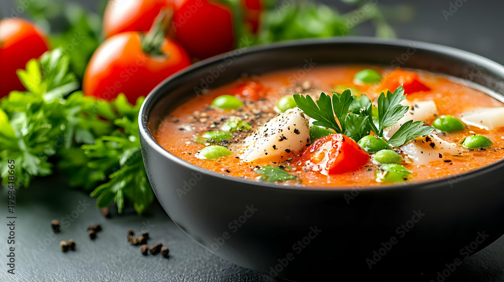 Delicious tomato soup with peas, garnished with parsley. Food photography for recipe blogs Delicious tomato soup with peas, garnished with parsley. Food photography for recipe blogs