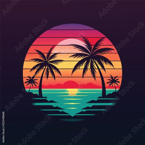 a vibrant retro style sunset scene featuring a tree .eps