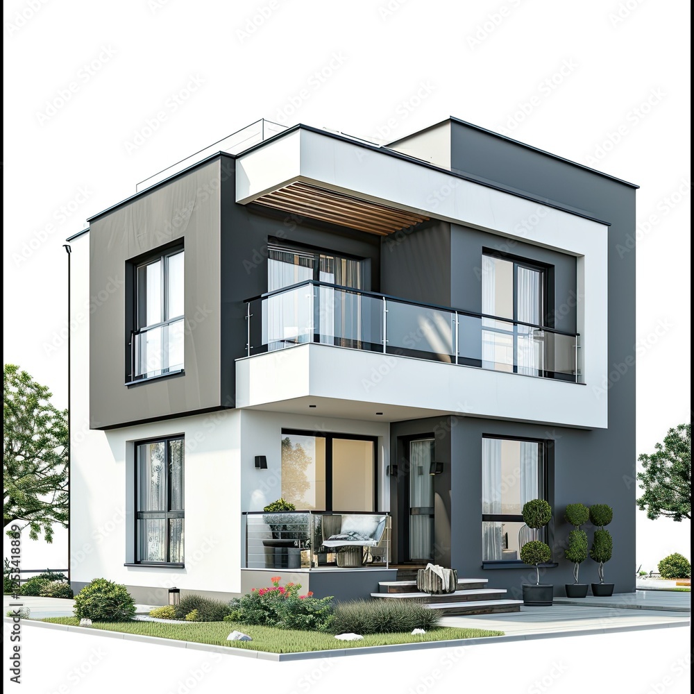 Modern two-story house with a sleek design and landscaped surroundings. isolated on white background Modern two-story house with a sleek design and landscaped surroundings. isolated on white background