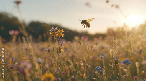 a bee flying over a field of wildflowers during golden hour. 