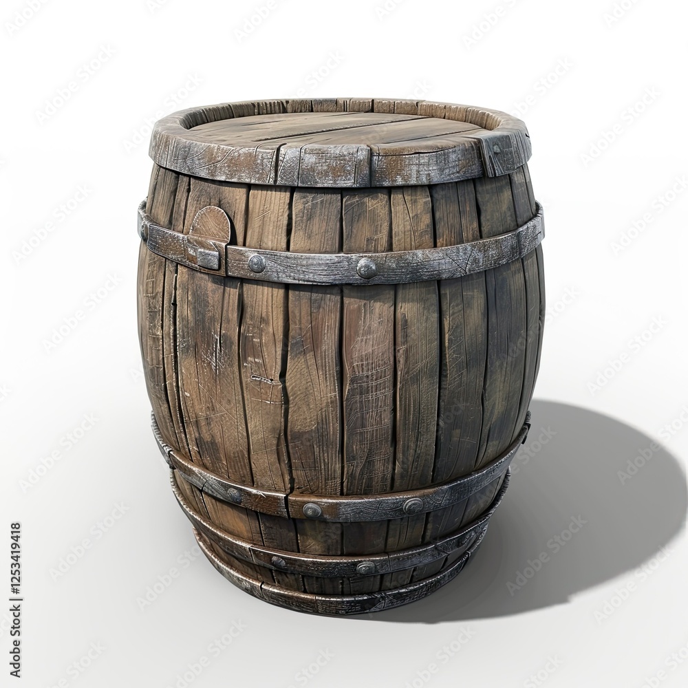 A wooden barrel with metal bands, typically used for storage or aging liquids. isolated on white background A wooden barrel with metal bands, typically used for storage or aging liquids. isolated on white background