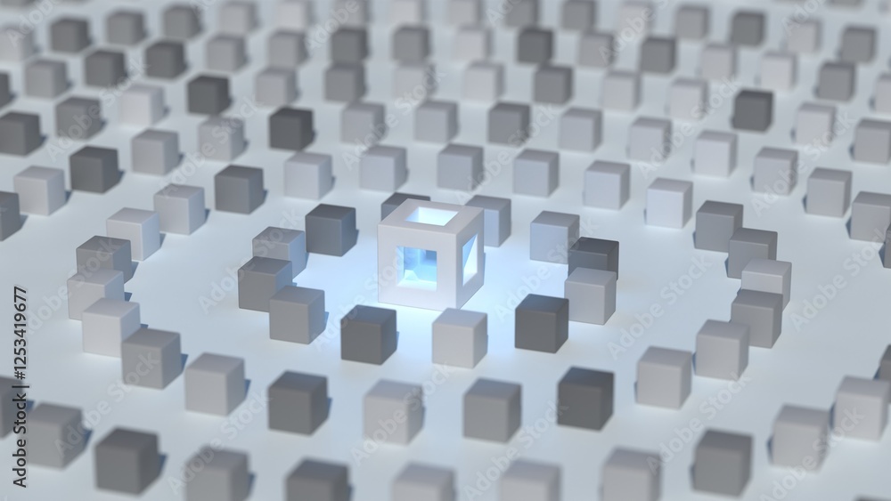 cubes arranged in concentric circles with a glowing cube at the center. 3d rendered illustration cubes arranged in concentric circles with a glowing cube at the center. 3d rendered illustration