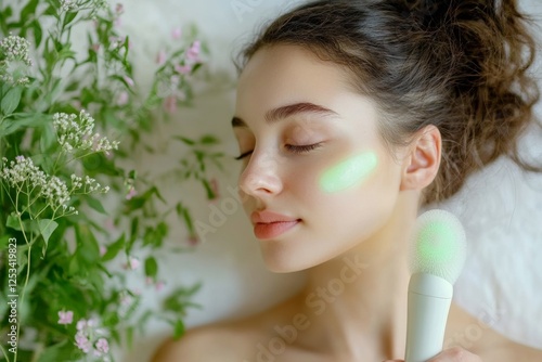 A young woman with a serene expression enjoys a skincare routine using a jade roller while lying on a soft surface, surrounded by fresh flowers in a relaxing natural setting. photo