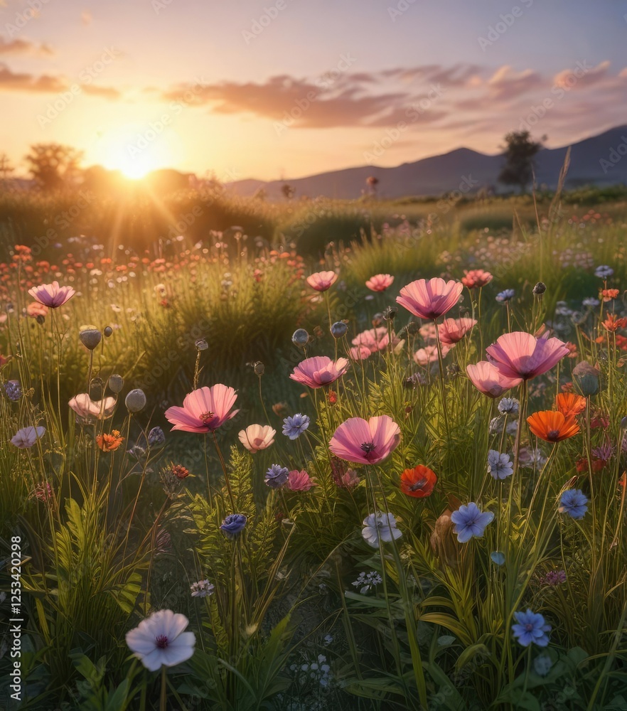 Obraz premium Amapolas in a field with tall grasses and wildflowers, caught in the act of sunset, wildflowers, landscape