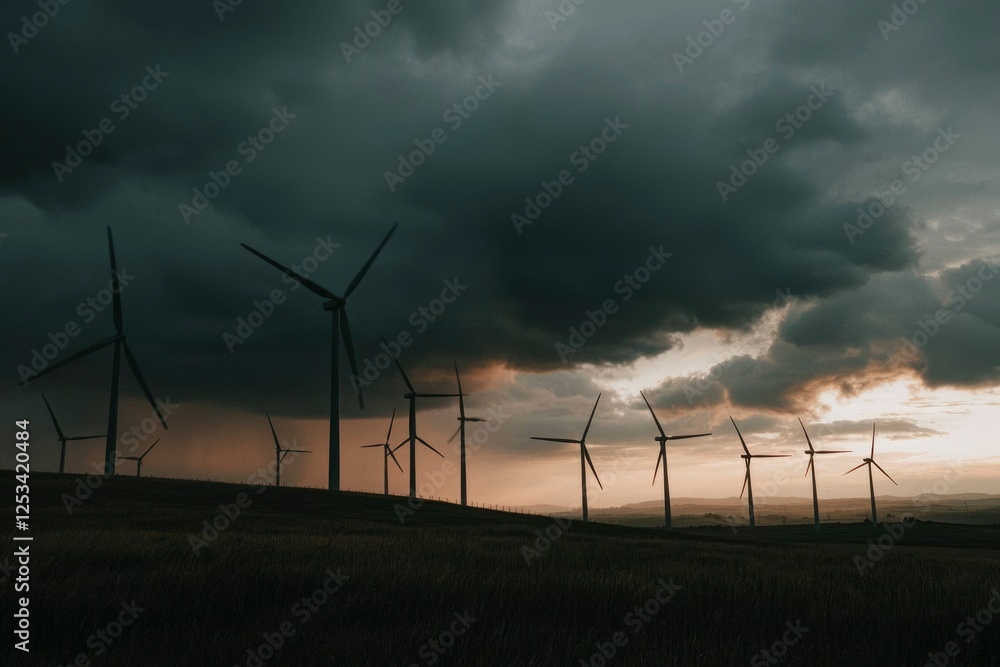 Wind turbines in a field under stormy sky at sunset. Use Stock photo for nature, environment, renewable energy, or industry Wind turbines in a field under stormy sky at sunset. Use Stock photo for nature, environment, renewable energy, or industry