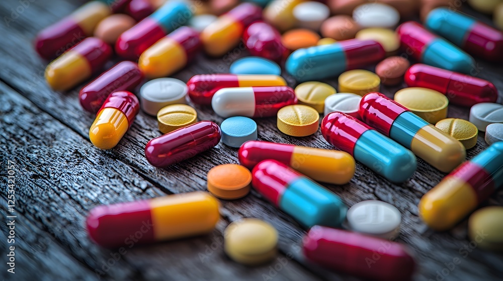 Hard Shell Tablet Medication, Vibrant Pharmaceutical Arrangement - Detailed Medical Still Life with Chiaroscuro Lighting on Weathered Wooden Surface Hard Shell Tablet Medication, Vibrant Pharmaceutical Arrangement - Detailed Medical Still Life with Chiaroscuro Lighting on Weathered Wooden Surface