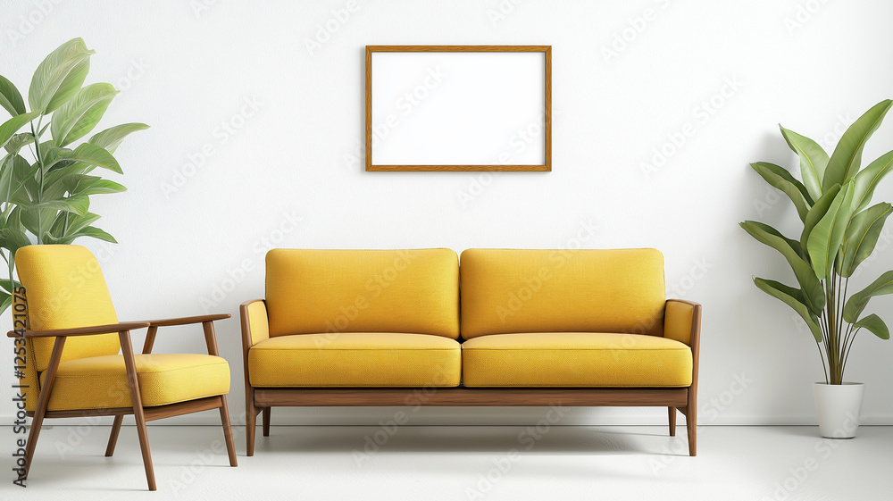 modern yellow living room featuring comfortable sofa and armchair, complemented by green plants and blank frame on wall, creating bright and inviting atmosphere modern yellow living room featuring comfortable sofa and armchair, complemented by green plants and blank frame on wall, creating bright and inviting atmosphere