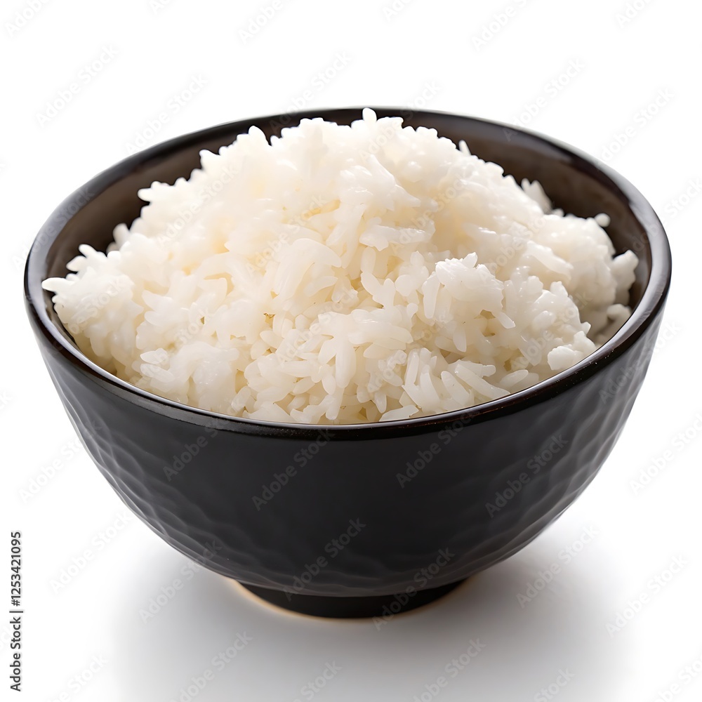 A bowl of freshly steamed white rice in a black bowl, ideal for various culinary presentations A bowl of freshly steamed white rice in a black bowl, ideal for various culinary presentations