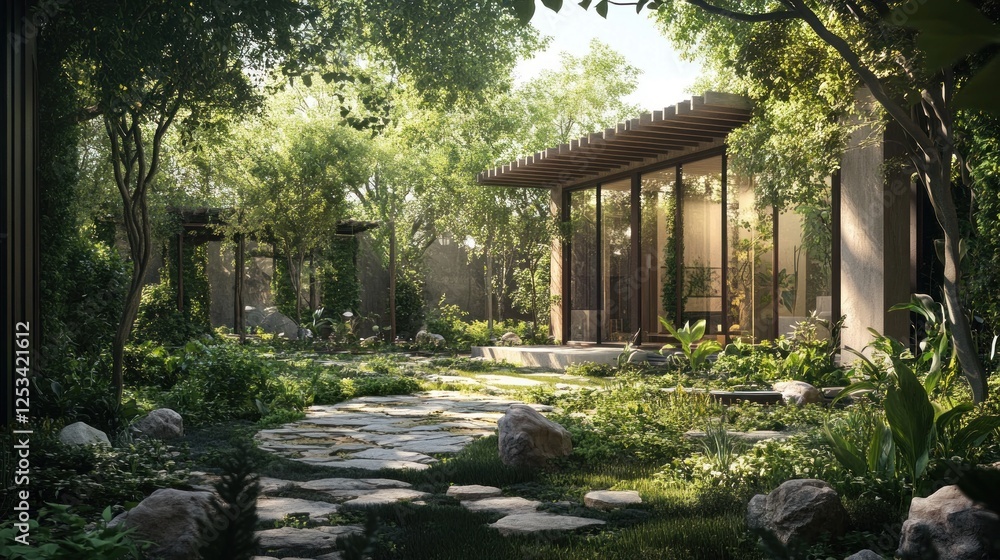 Serene Garden Oasis: Modern Architecture Integrated with Lush Greenery Serene Garden Oasis: Modern Architecture Integrated with Lush Greenery
