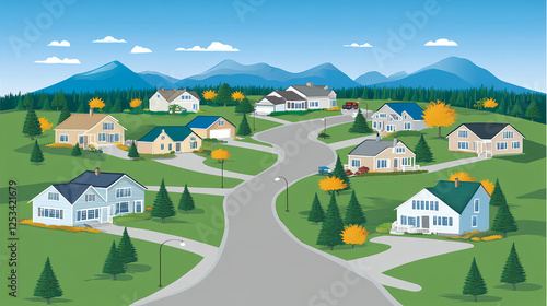 Residential community development suburban area illustrative artwork scenic environment aerial view modern living concept