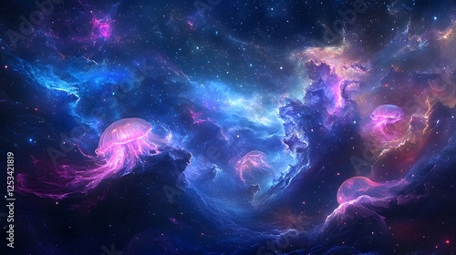 Surreal cosmic jellyfish floating in colorful nebula with glowing ethereal space scenery photo