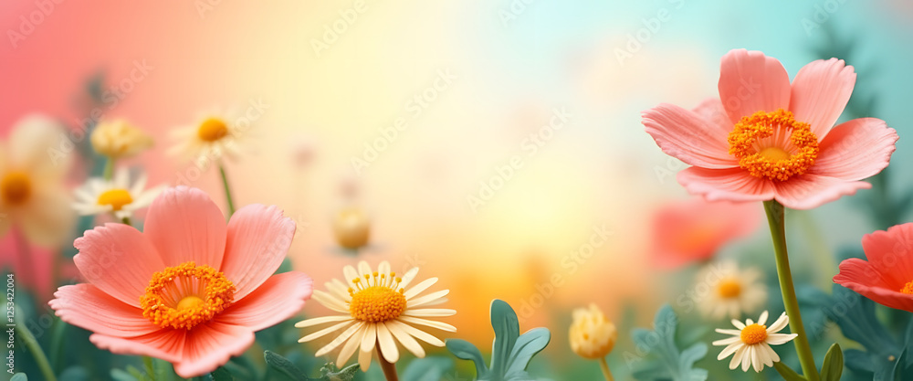 Obraz premium Colorful flower garden with pink and yellow blooms, cheerful and vibrant, on soft pastel background, copy space