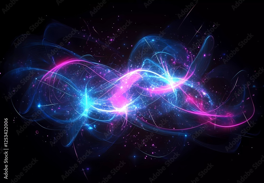 Abstract background with neon glowing lines, blue and purple light on a dark black backdrop.