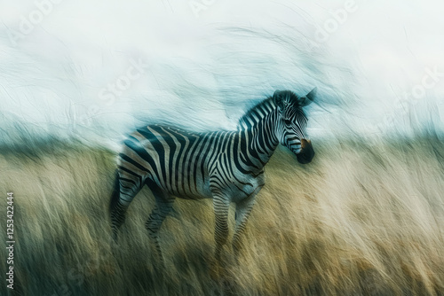Zebra is running through tall grass. The grass is brown and the zebra is black and white