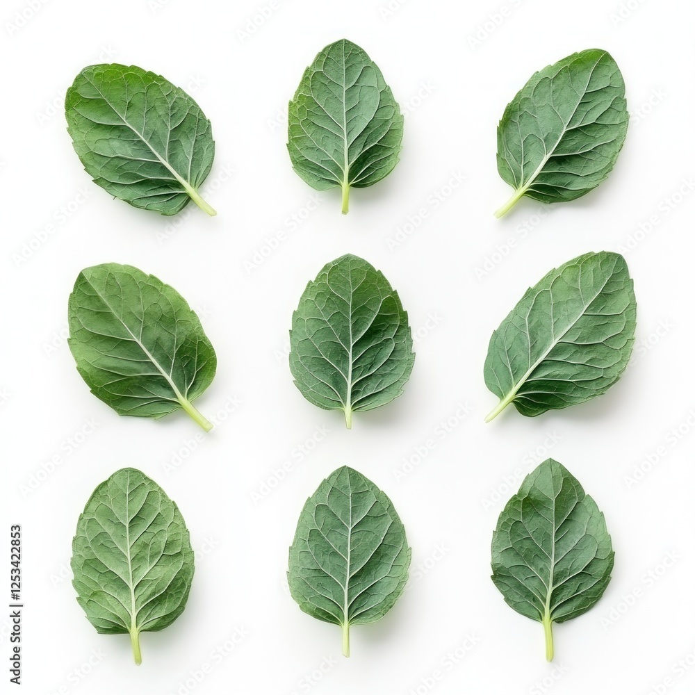 Naklejka premium Fresh mint leaves arranged on white background for food recipe or health blog