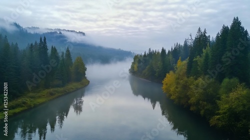 Wallpaper Mural Misty River Through Forest Landscape With Cloudy Sky During Dawn, Serene Scenery Torontodigital.ca