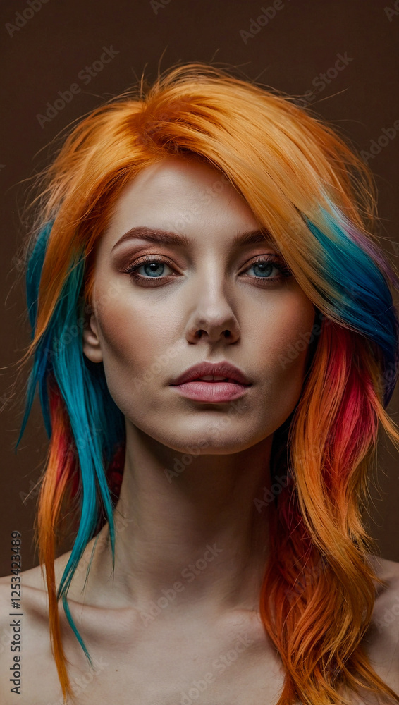 Vibrant woman with bright hair against a mocha mousse background. Vibrant woman with bright hair against a mocha mousse background.
