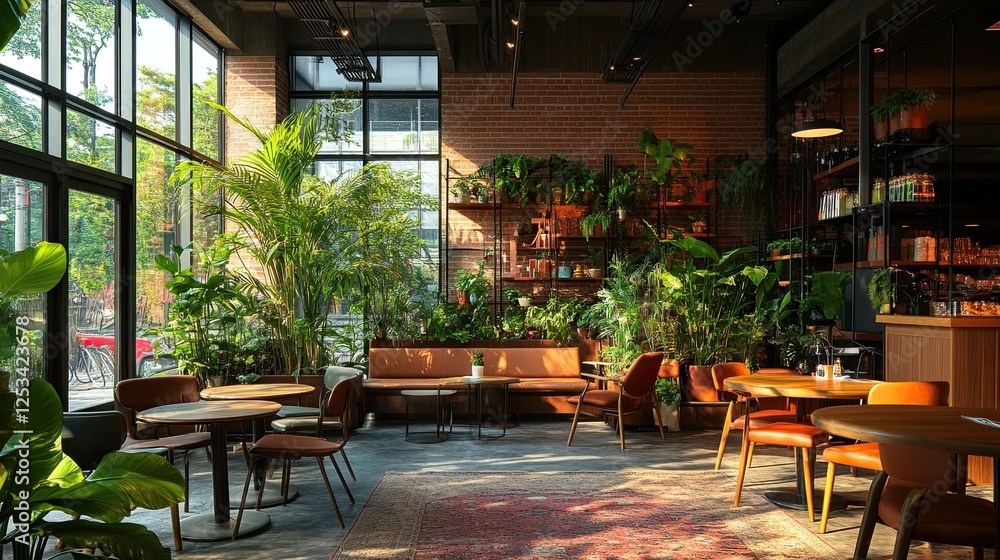 Naklejka premium A vibrant caf? interior filled with greenery and modern furniture for a cozy atmosphere, ideal for lifestyle, hospitality, and coffee shop branding in modern urban environments.
