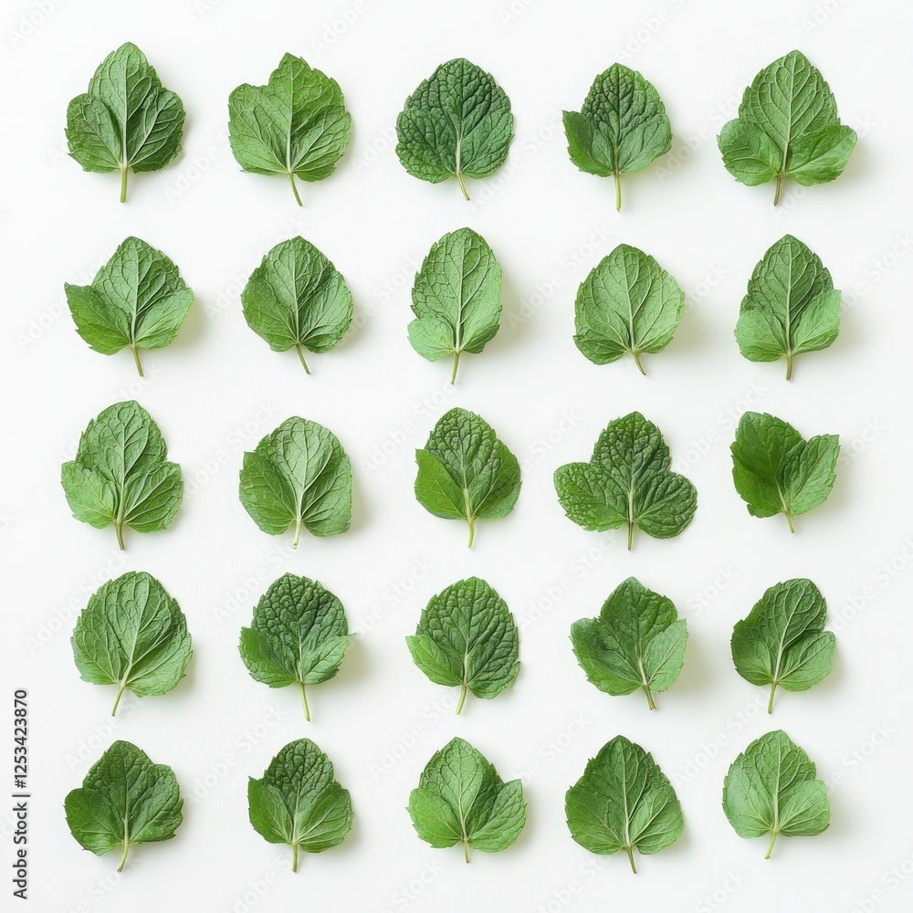 Fresh mint leaves pattern on white background, food blog, recipe Fresh mint leaves pattern on white background, food blog, recipe