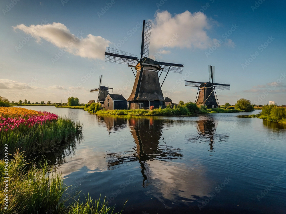 Fototapeta premium View of traditional windmills in Kinderdijk, Netherlands.