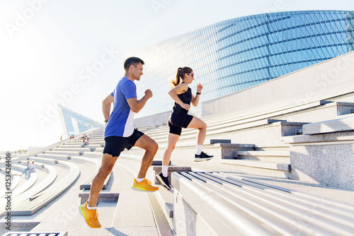 Two individuals exercise by running up outdoor stairs in a modern urban setting during daylight hours photo