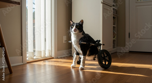 Cat in Wheelchair by Sunny Window - A tuxedo cat sits patiently in its wheelchair, basking in the sunlight streaming through a window.  Symbols of resilience, independence, animal care, hope