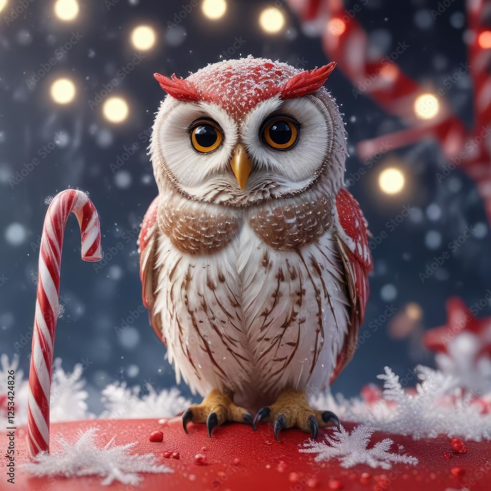 An adorable owl perched on a frosted red candy cane with sparkling snowflakes surrounding it, owl, magical An adorable owl perched on a frosted red candy cane with sparkling snowflakes surrounding it, owl, magical