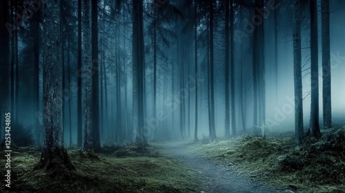 Forest background picture showing A dense forest at night, with tall trees and eerie shadows in the background