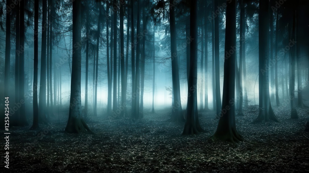 Fototapeta premium Forest background picture showing A dense forest at night, with tall trees and eerie shadows in the background