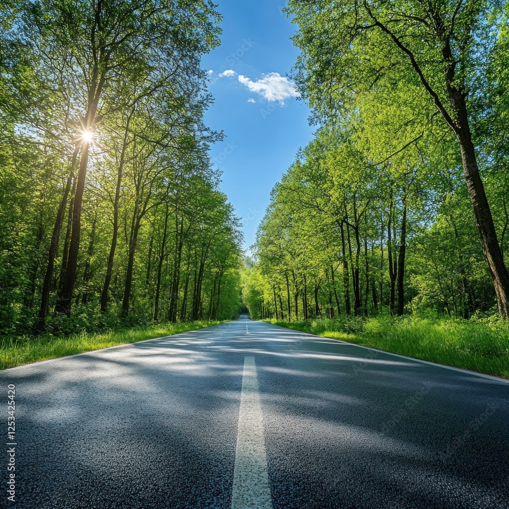 Fototapeta premium Sunny road through green forest, nature escape