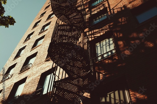 City building exterior, spiral fire escape, shadows, urban landscape. Possible use Stock photo for architecture, urban living, and city life photo