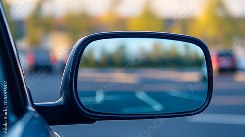 Blurred Parking Lot Reflected in Car Rearview Mirror with Selective Focus