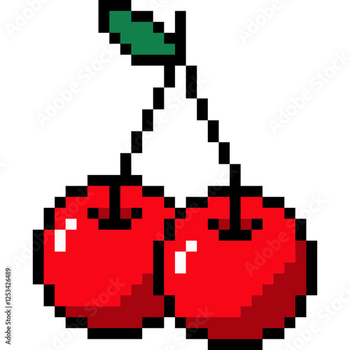 Pixel art cherries icon. 8 bit pixel fruit. Pixel art icon