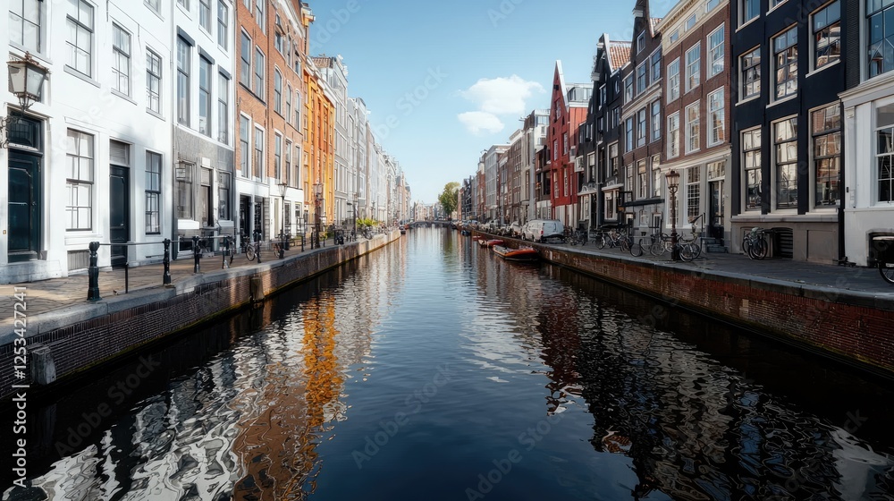 Fototapeta premium Sunny canal, colorful houses, Amsterdam, Netherlands, travel