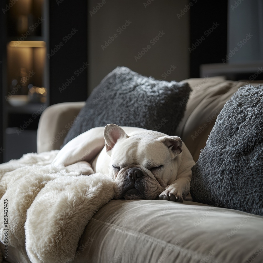 Bulldog peacefully sleeping on a cozy couch with soft pillows and warm throws in a modern living room setting. Generative AI Bulldog peacefully sleeping on a cozy couch with soft pillows and warm throws in a modern living room setting. Generative AI